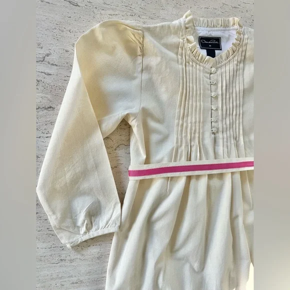 Oscar de la Renta Girl’s Pintuck Ruffle Trim Dress in Cream and Pink, Size 8Y